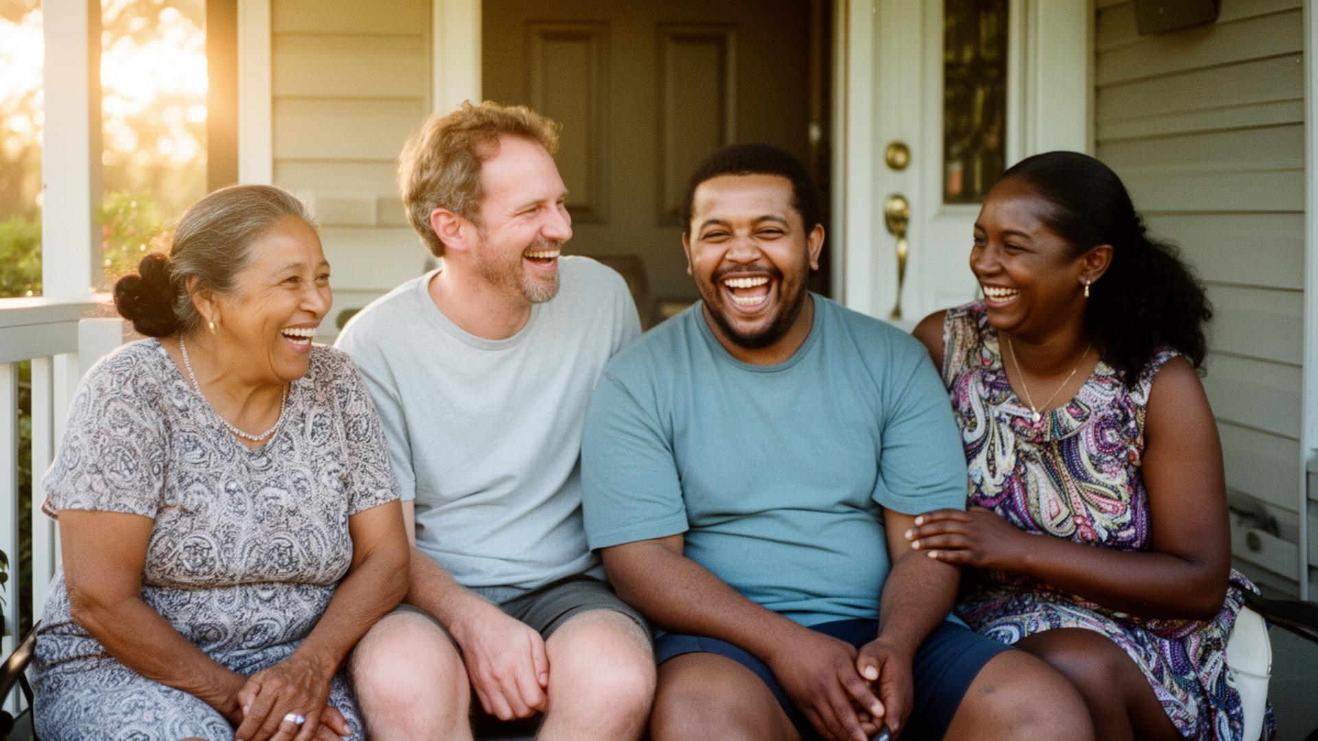 A multigenerational family laughing together around a kitchen table